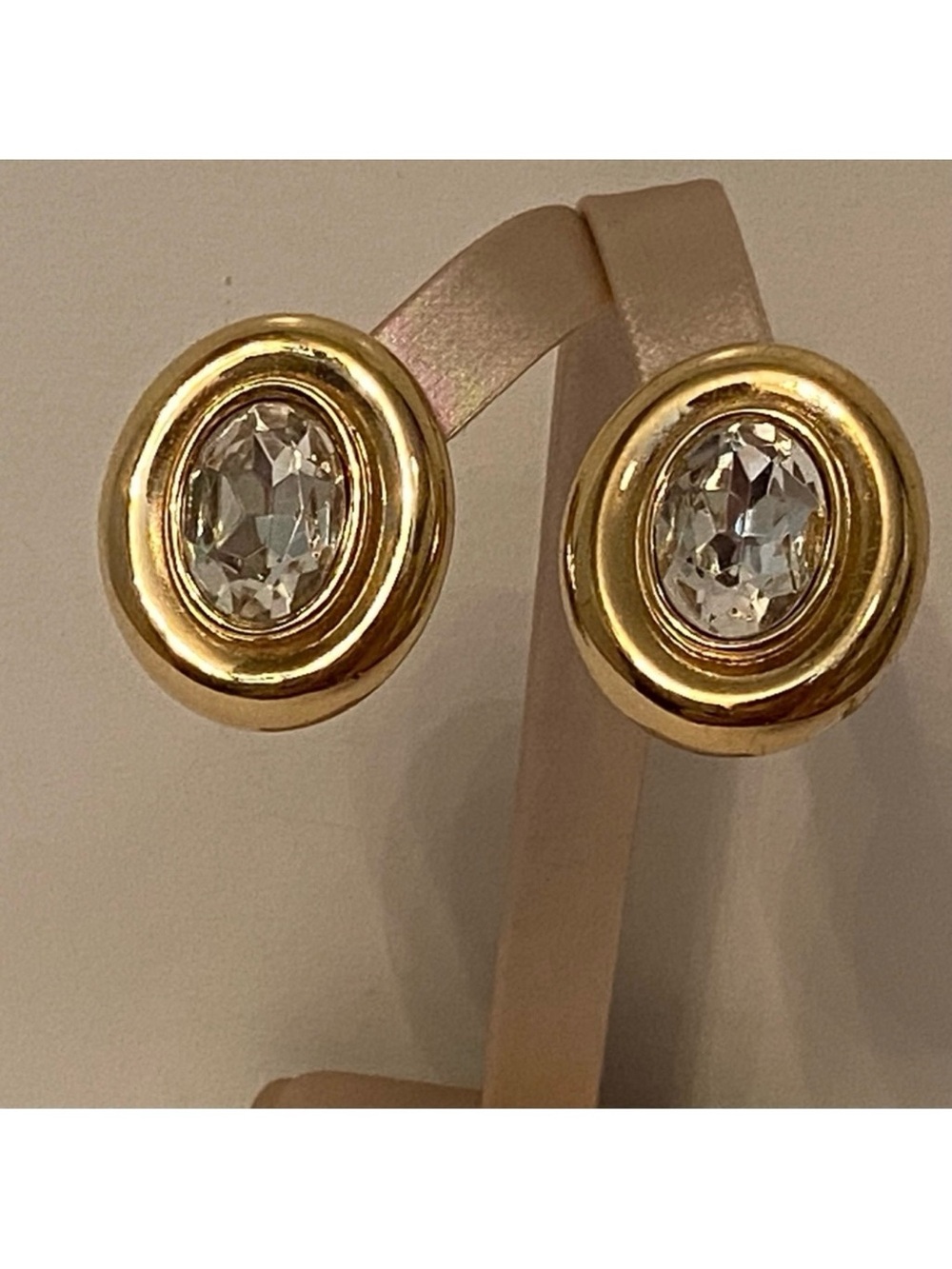 GIVENCHY EARRINGS GOLD CLIP OVAL SWAROVSKI CRYSTAL FACETED VINTAGE